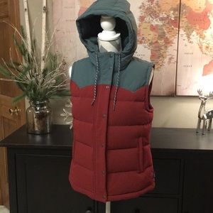 PATAGONIA ‘Bivy’ Duck Down Vest, Blue/Brick Red, Medium, RARE mushroom print